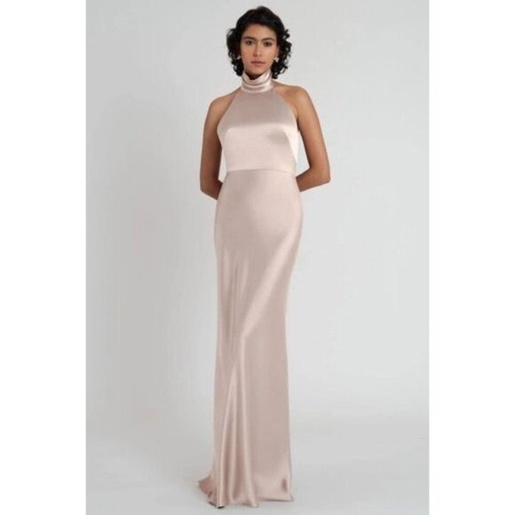 Jenny Yoo Blush Pink Satin Halter Neck Backless Women's Maxi Dress Size 6 gown - Picture 1 of 13
